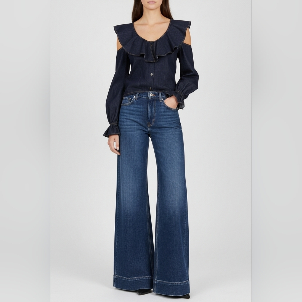 The Attico Ruffle Denim Blouse Scoop Neck Cold Shoulder Made in Italy | US Small - Picture 2 of 11